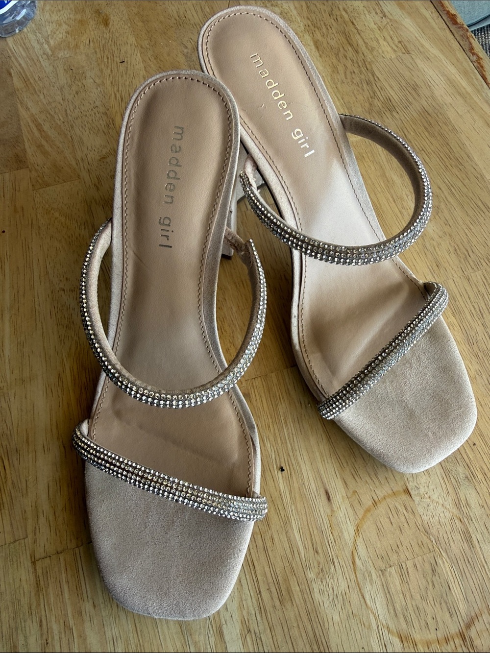 Madden Girl beige rhinestone double-strap slide sandals